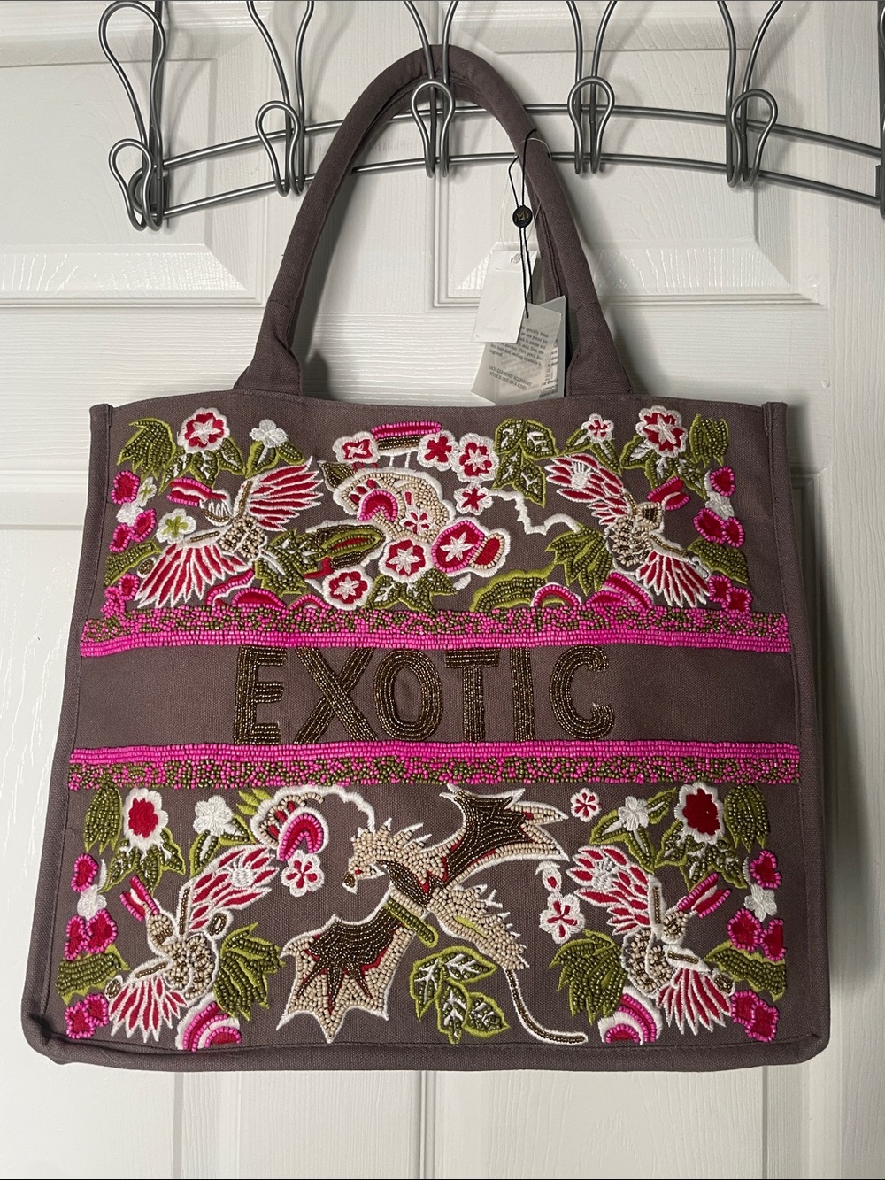NWT America & Beyond Exotic Beaded Canvas Shoulder Book Tote Bag